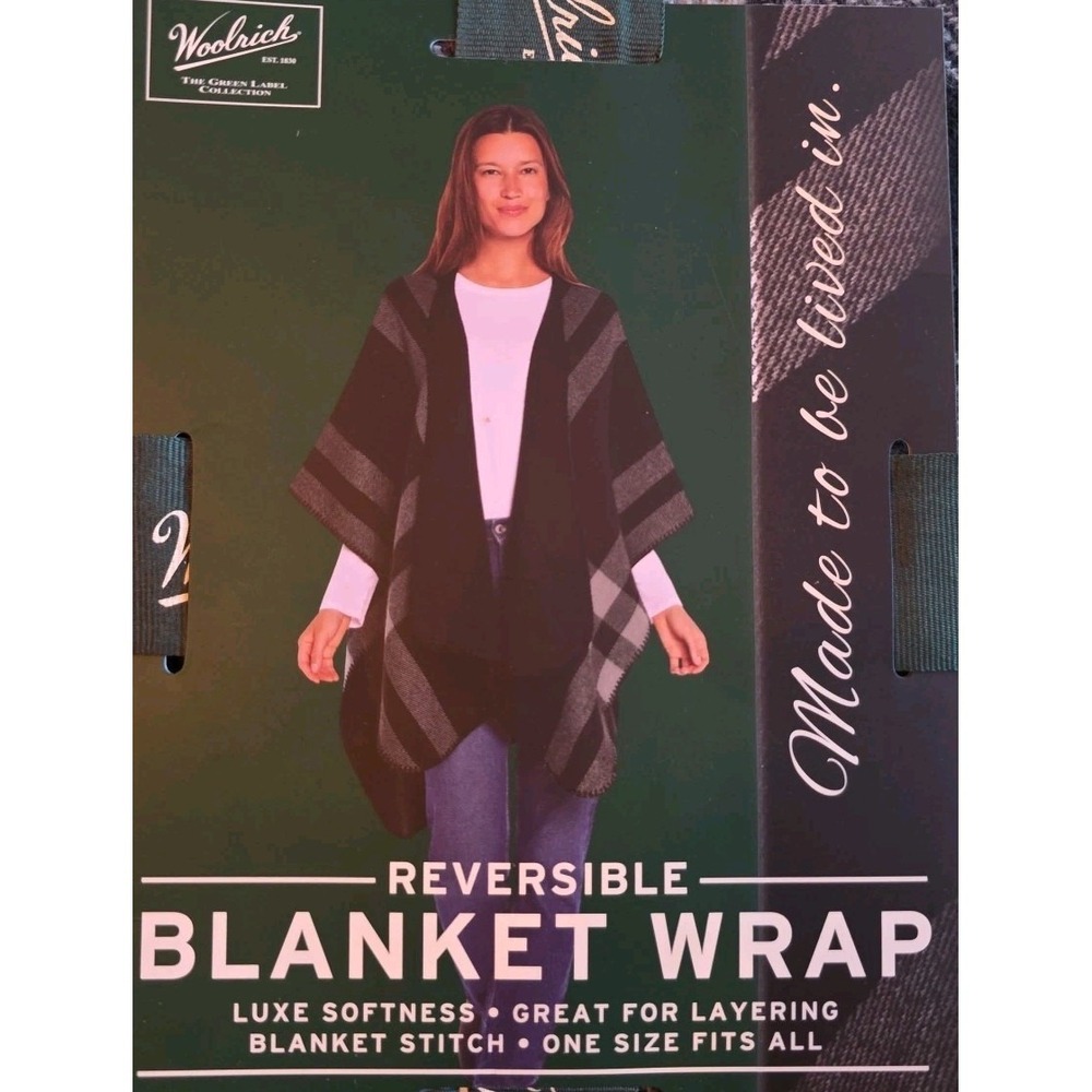 🆕 Woolrich Reversible Blanket Wrap – Luxe Softness, One Size Black / Grey Strip